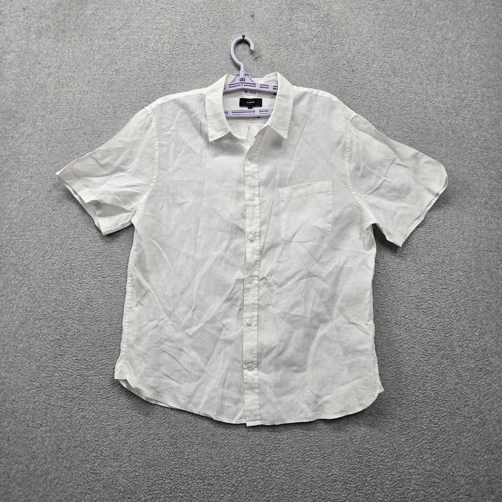 Vince Men Button Up Shirt L White 100% Linen Classic Fit Short Sleeve Collar